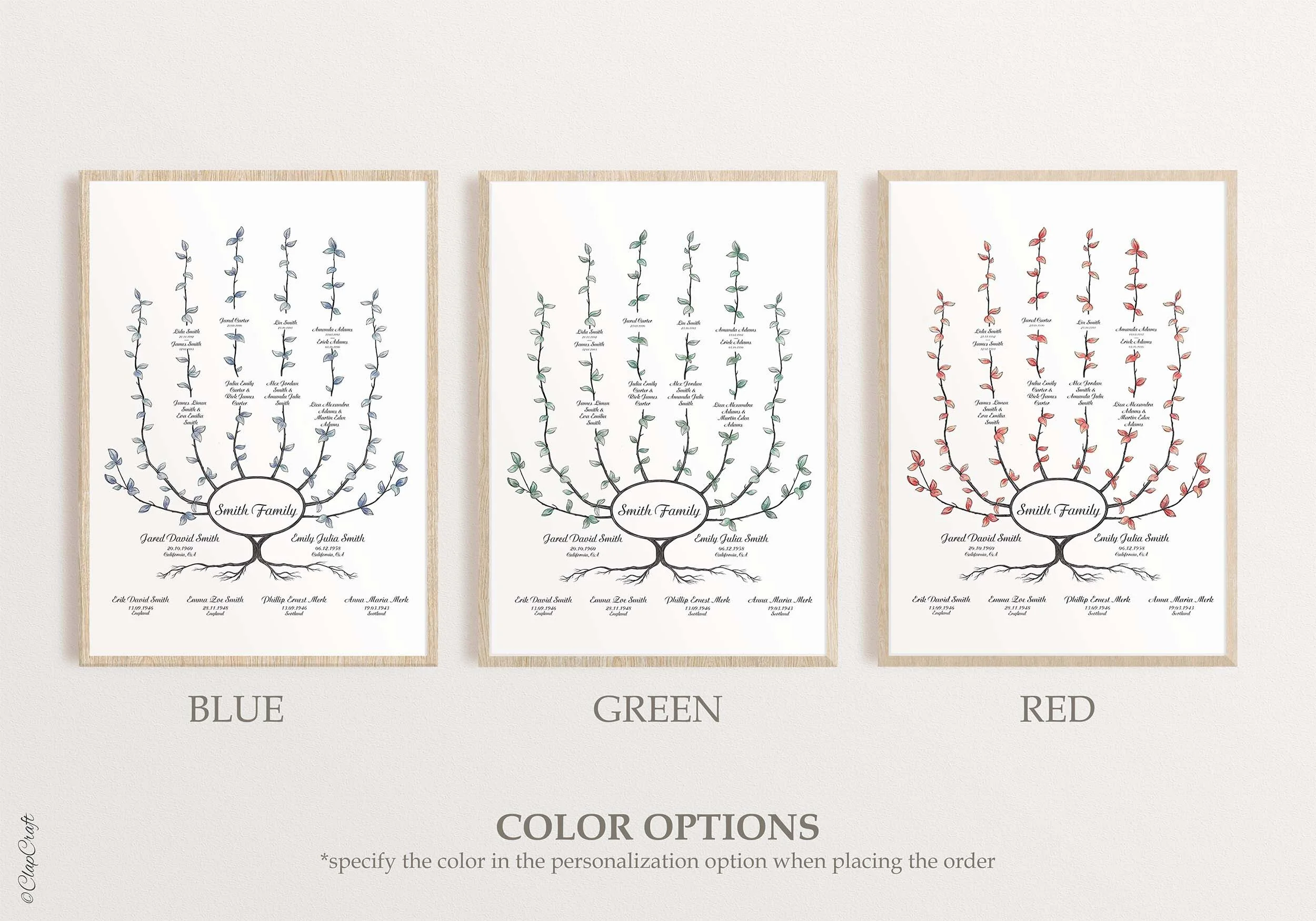 Color variations for Ivy Family Tree template featuring green blue and red color