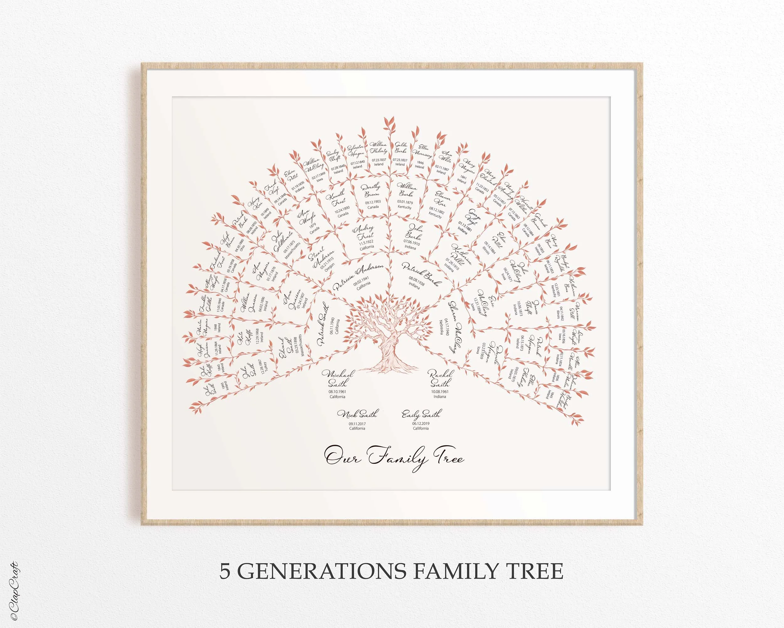 Desert Family Tree template in beige and white color featuring a tree with each branch dedicated to a different generation