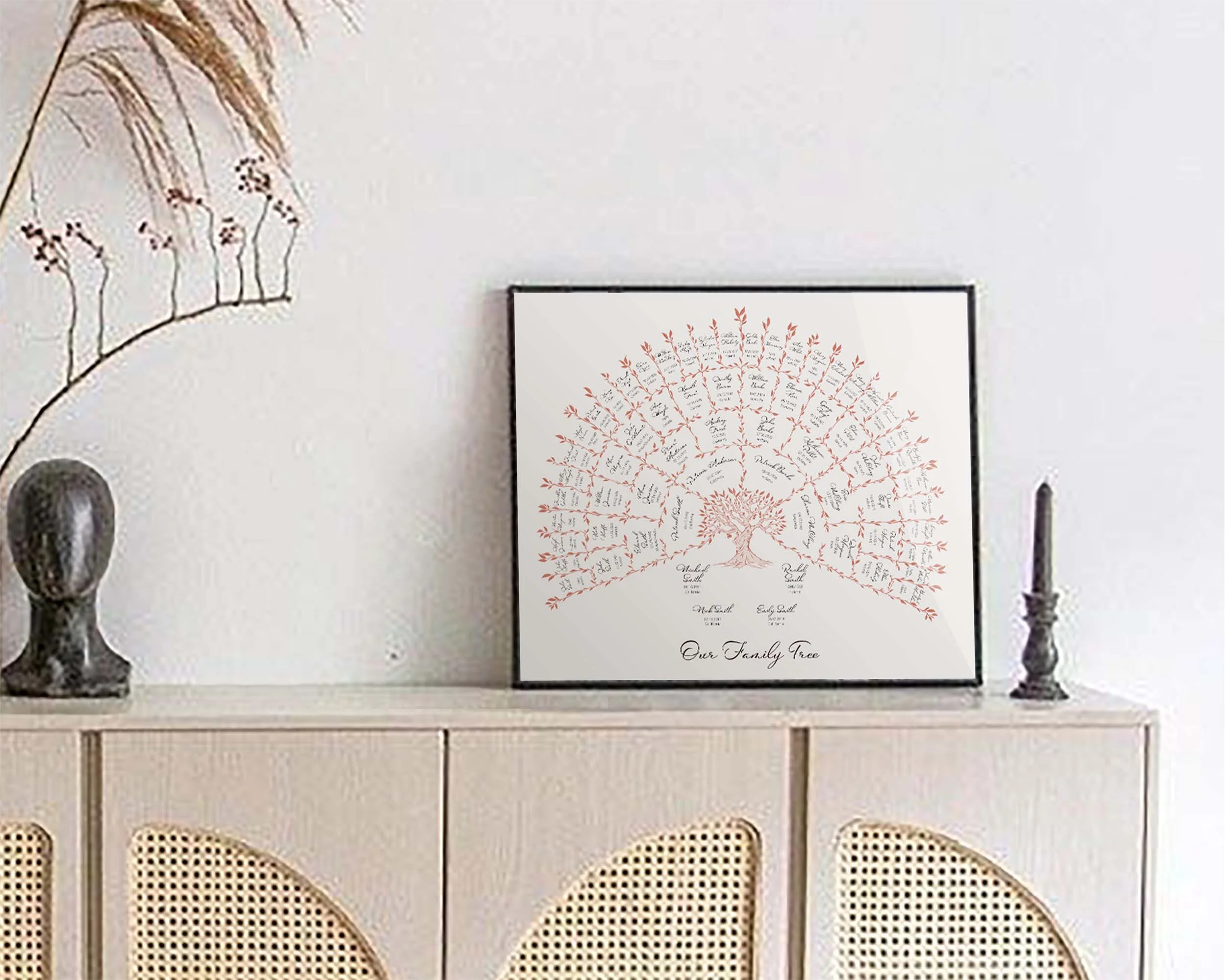 Desert custom family tree template framed and displayed on a shelf