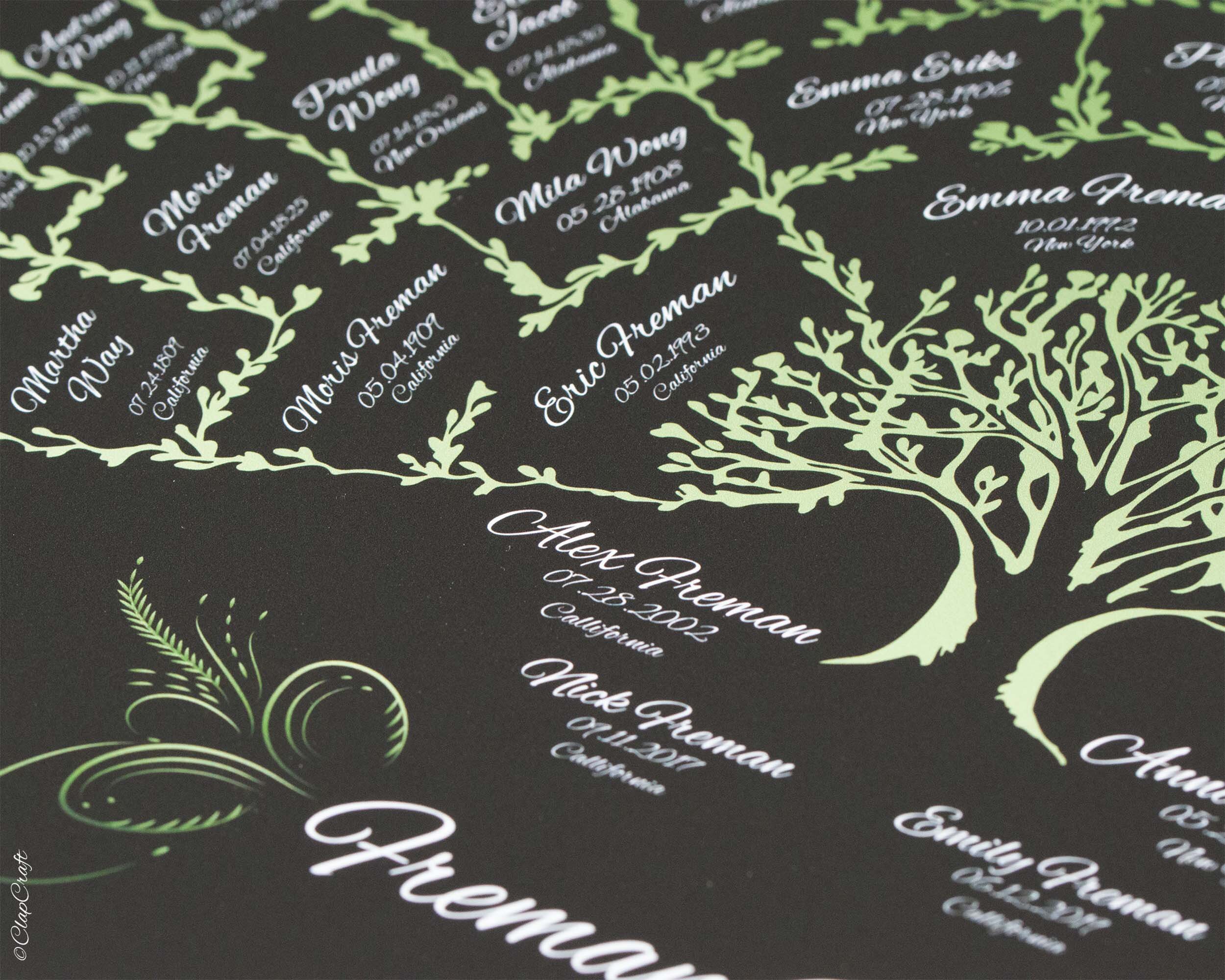 A close up look at the Night Family Tree template printed out