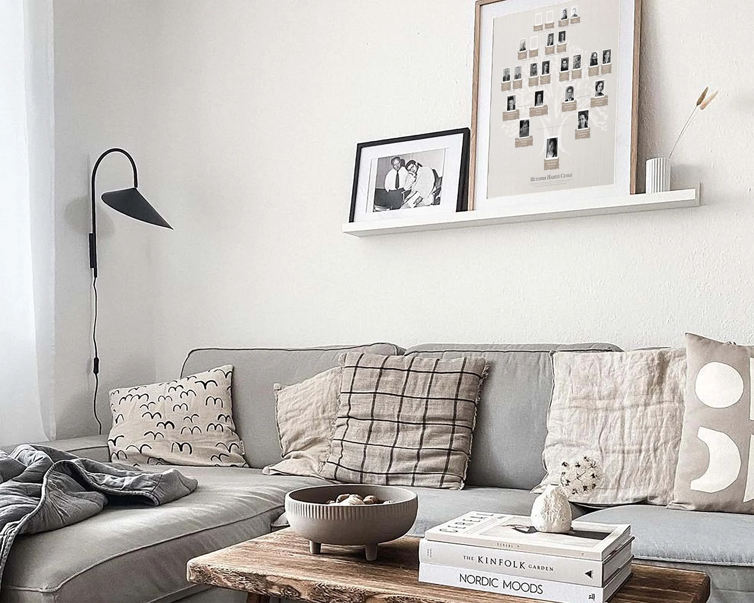 A photo family tree template displayed in a living room on a shelf