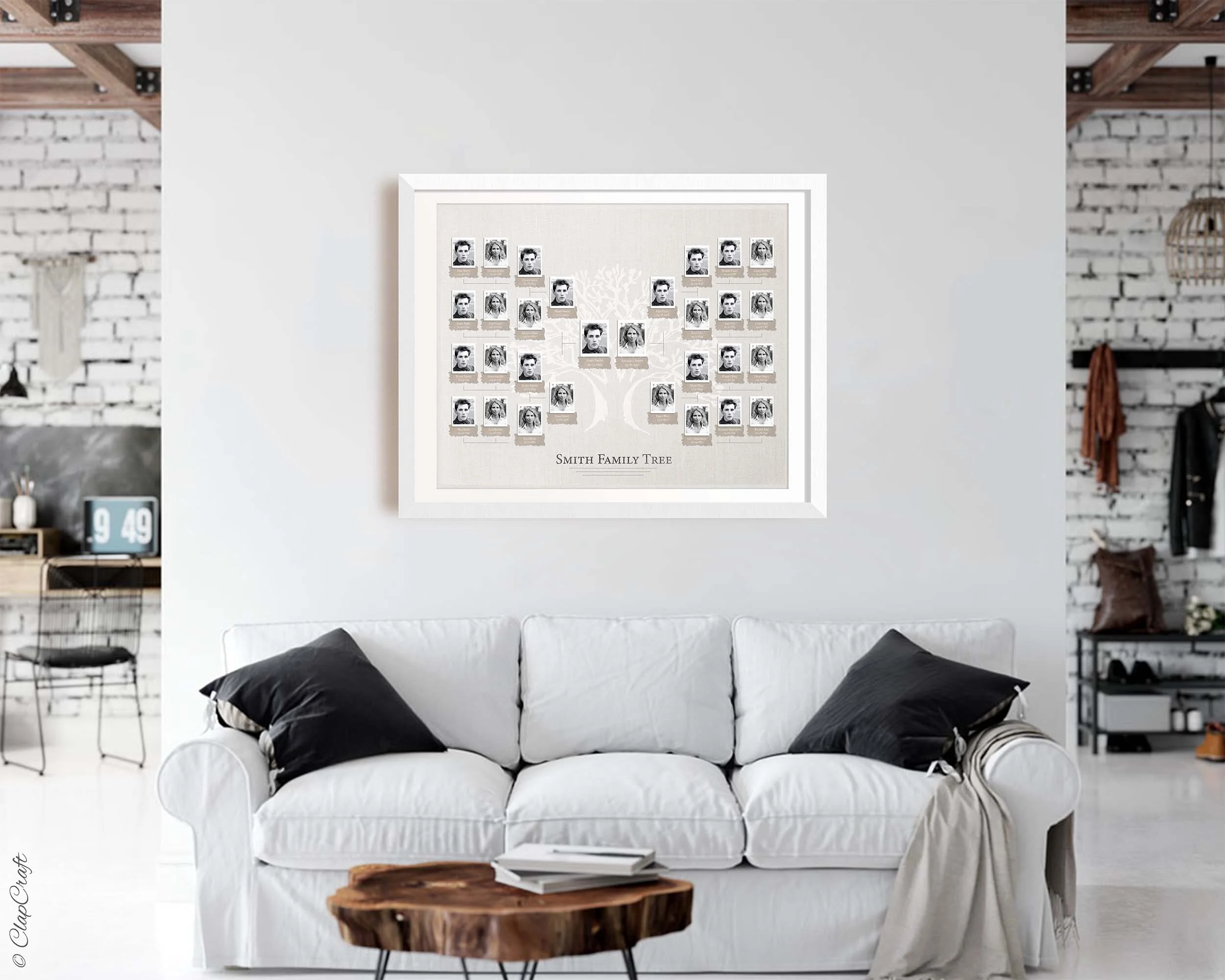 A photo family tree template displayed on a wall