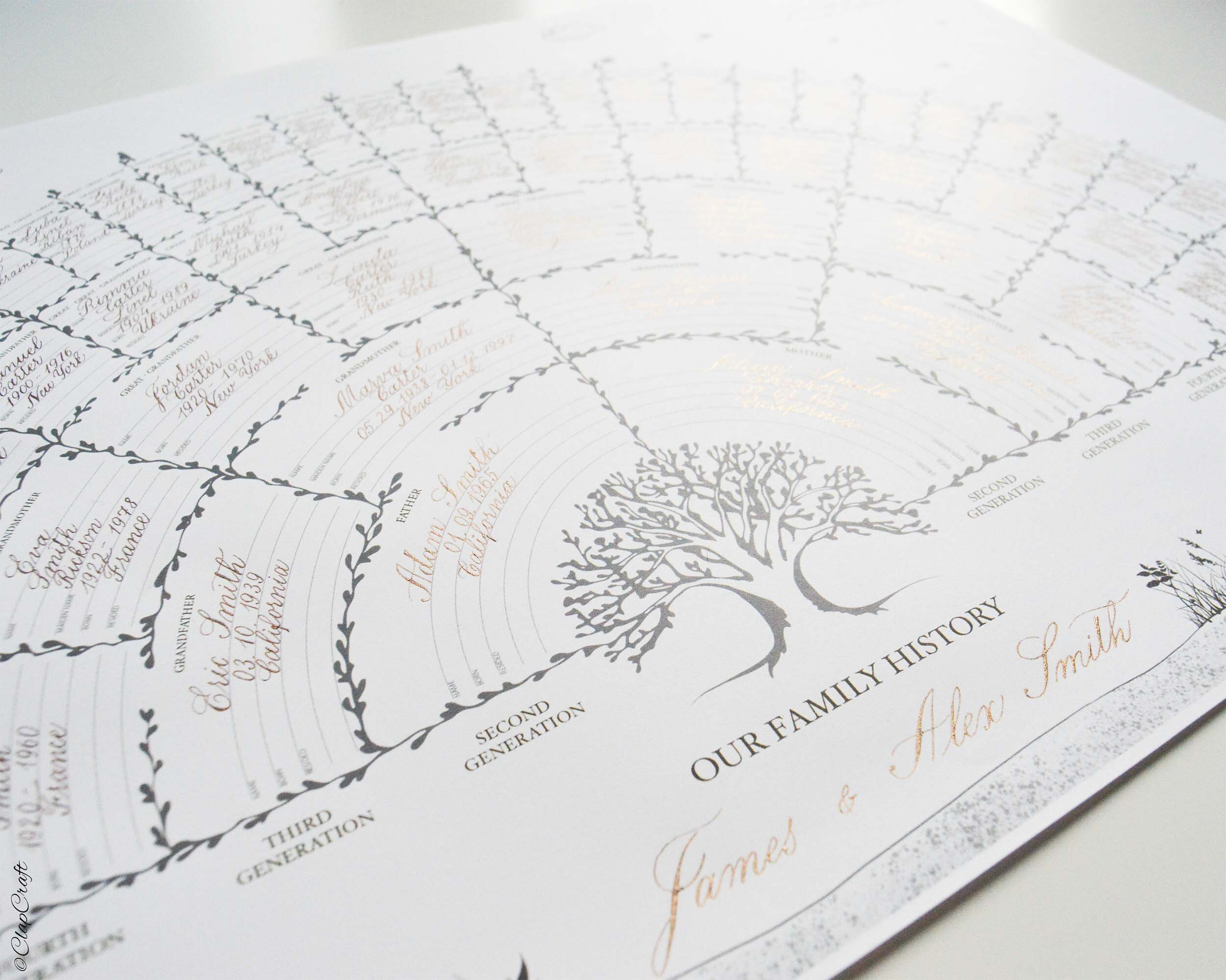 Family Tree template in black and white colors with blank lines