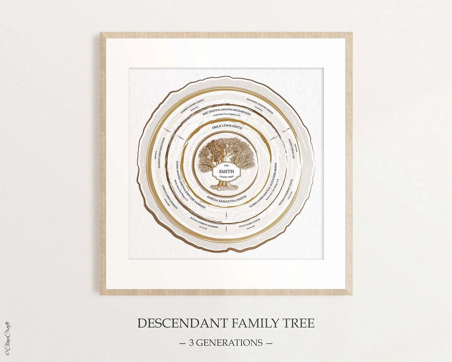 Wooden family tree template in brown color designed in as wooden rings layout that displays 3 generation family