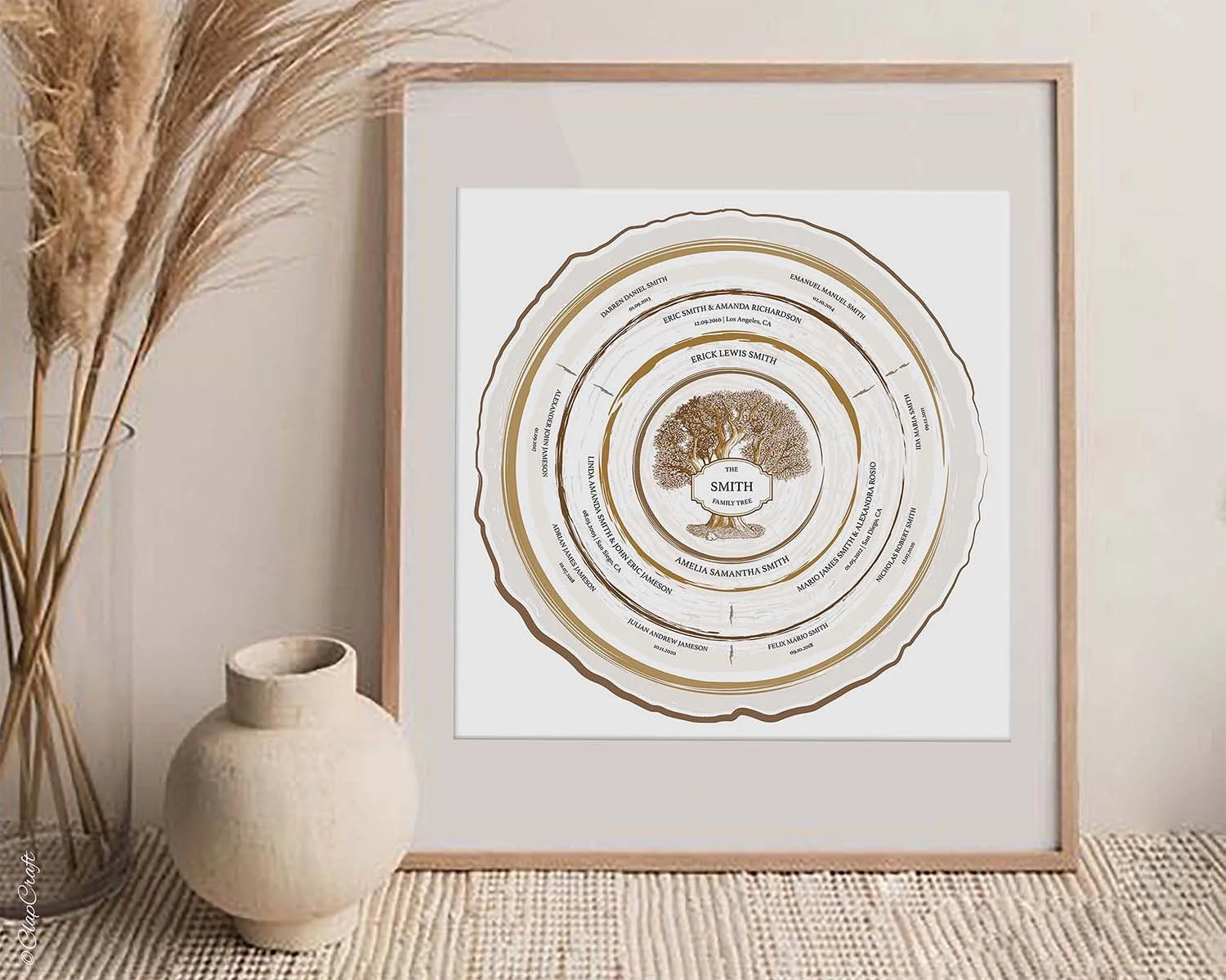 Framed custom family tree template standing on the floor