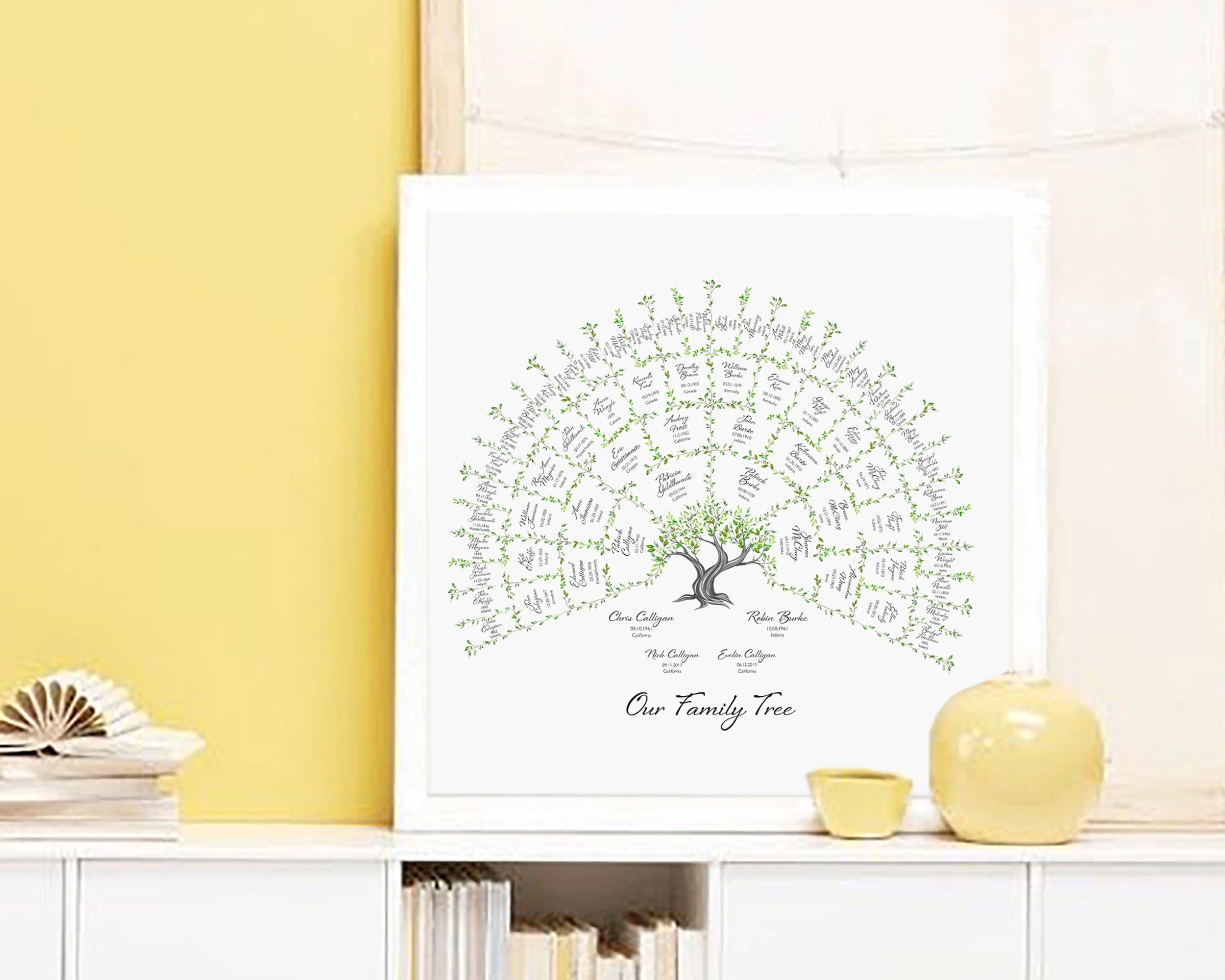 Family Tree template in green colors is  framed and displayed on a shelf 