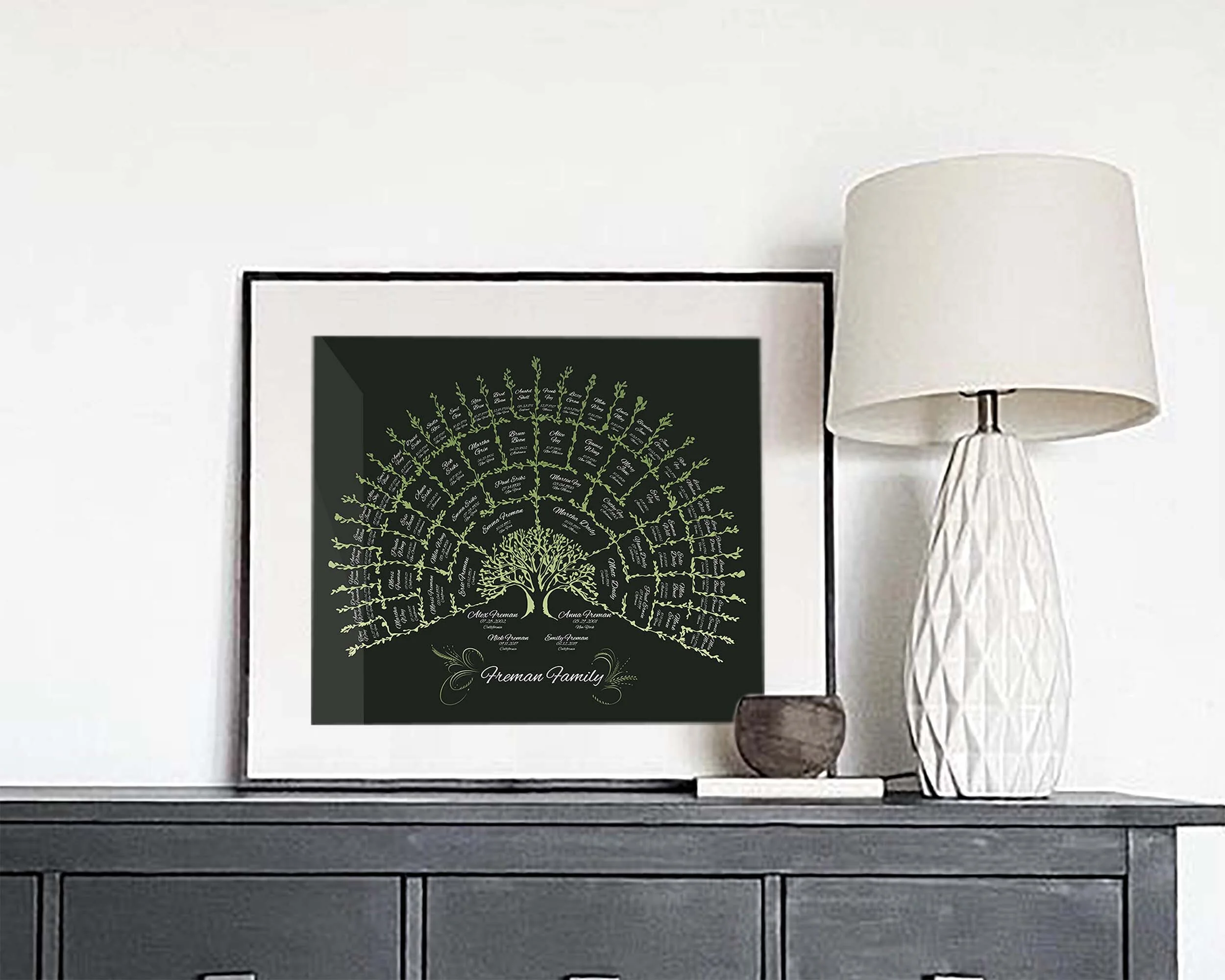 Family Tree template in black in green colors framed and displayed on a shelf 