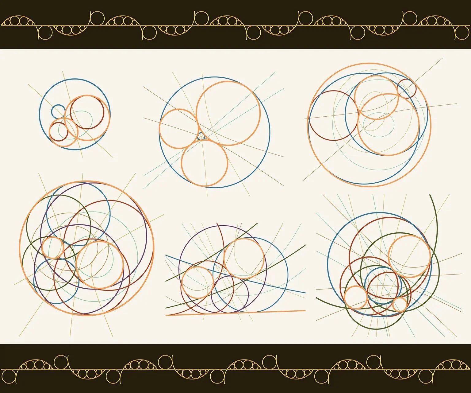 Colorful geometric circles and lines on a cream background with a black decorative border at the top and bottom.