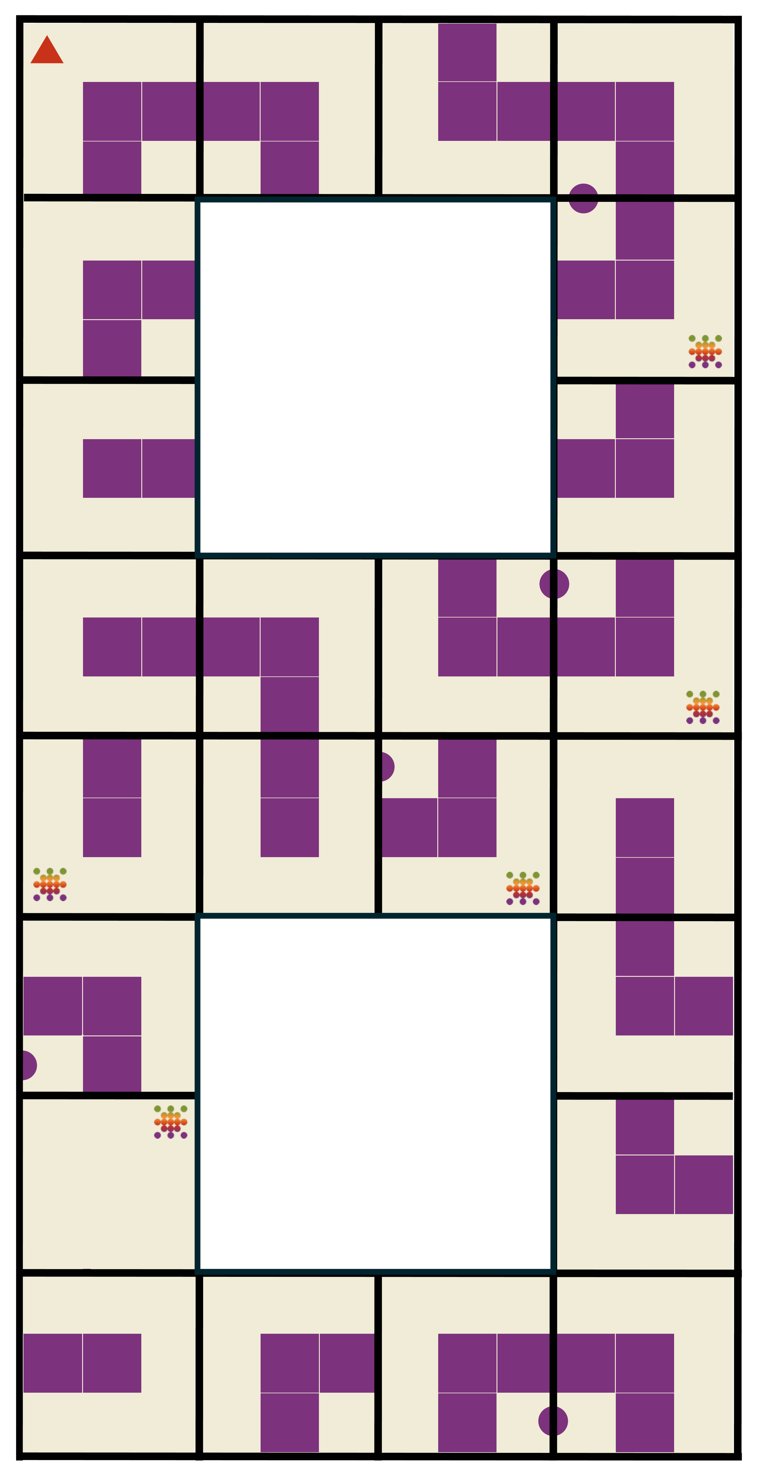 Board game layout featuring purple sections, black borders, red triangle, and cluster of colored circles in some areas. Contains central white squares.