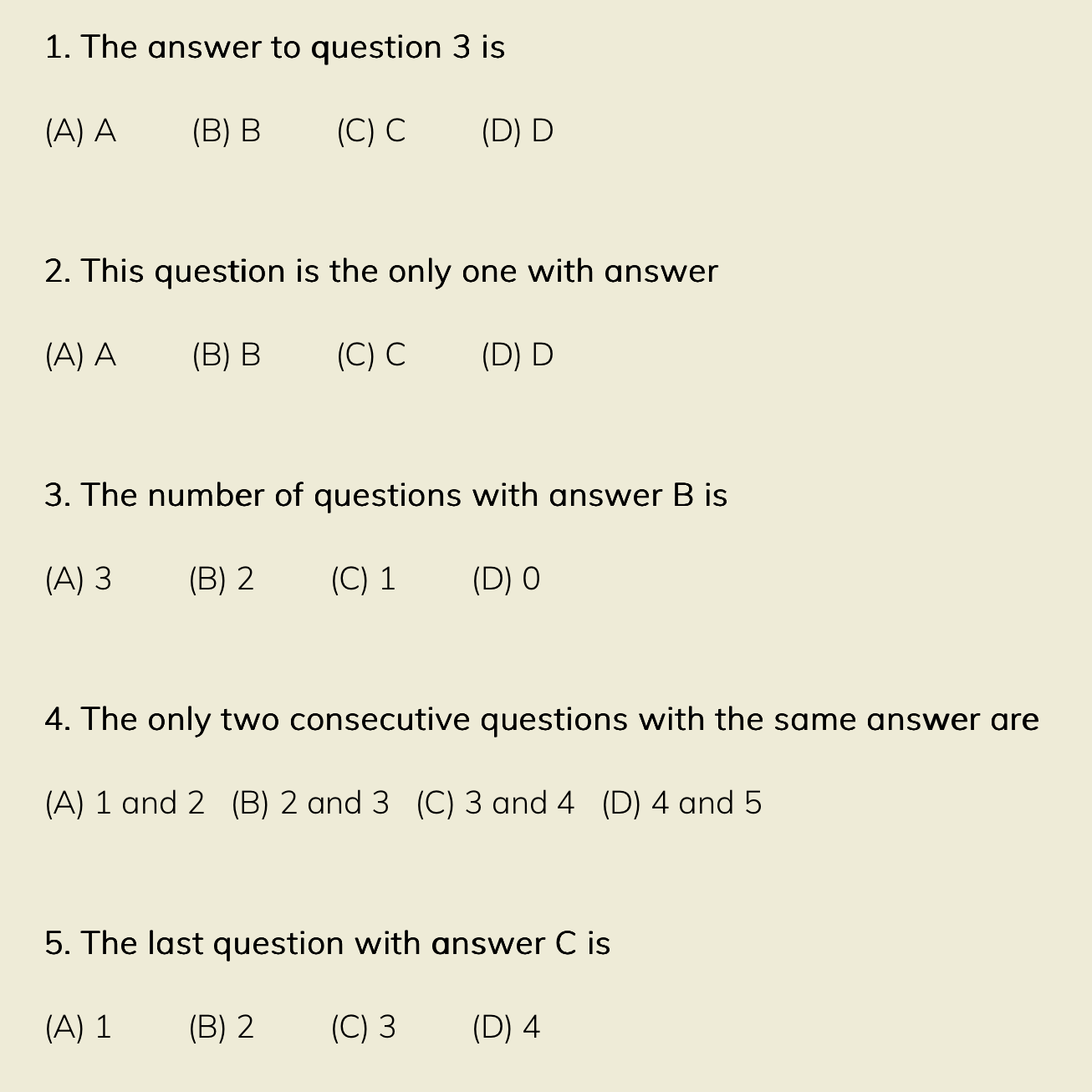 Image of a multiple-choice survey or quiz with five questions, each with four answer options labeled A through D.