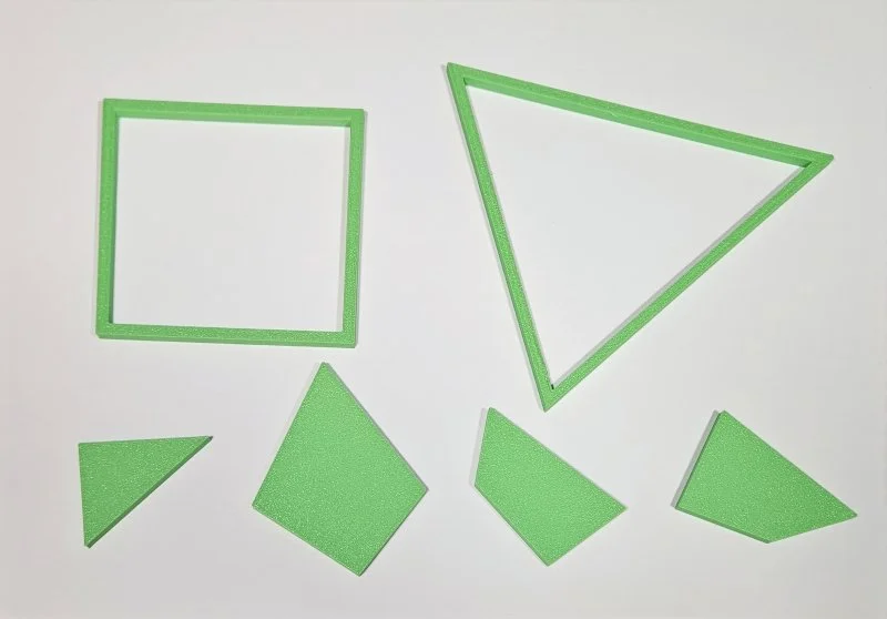 Green geometric shapes: a square, a triangle, a parallelogram, and three irregular quadrilaterals on a white background.