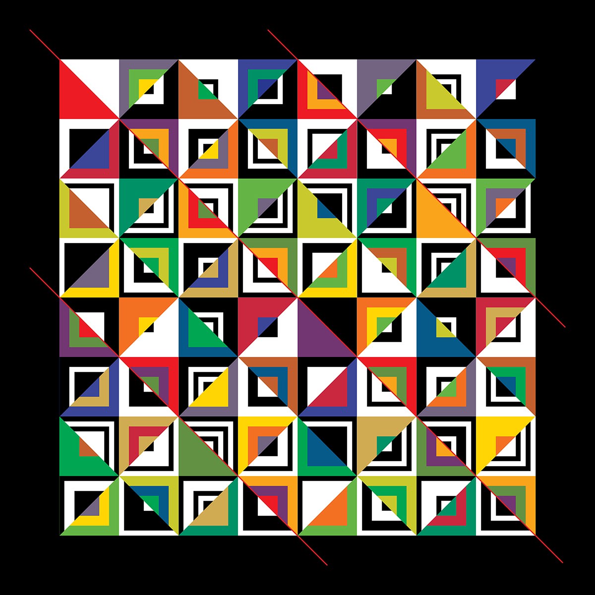 A colorful geometric abstract pattern with black, white, and various colored squares and triangles aligned in a grid.