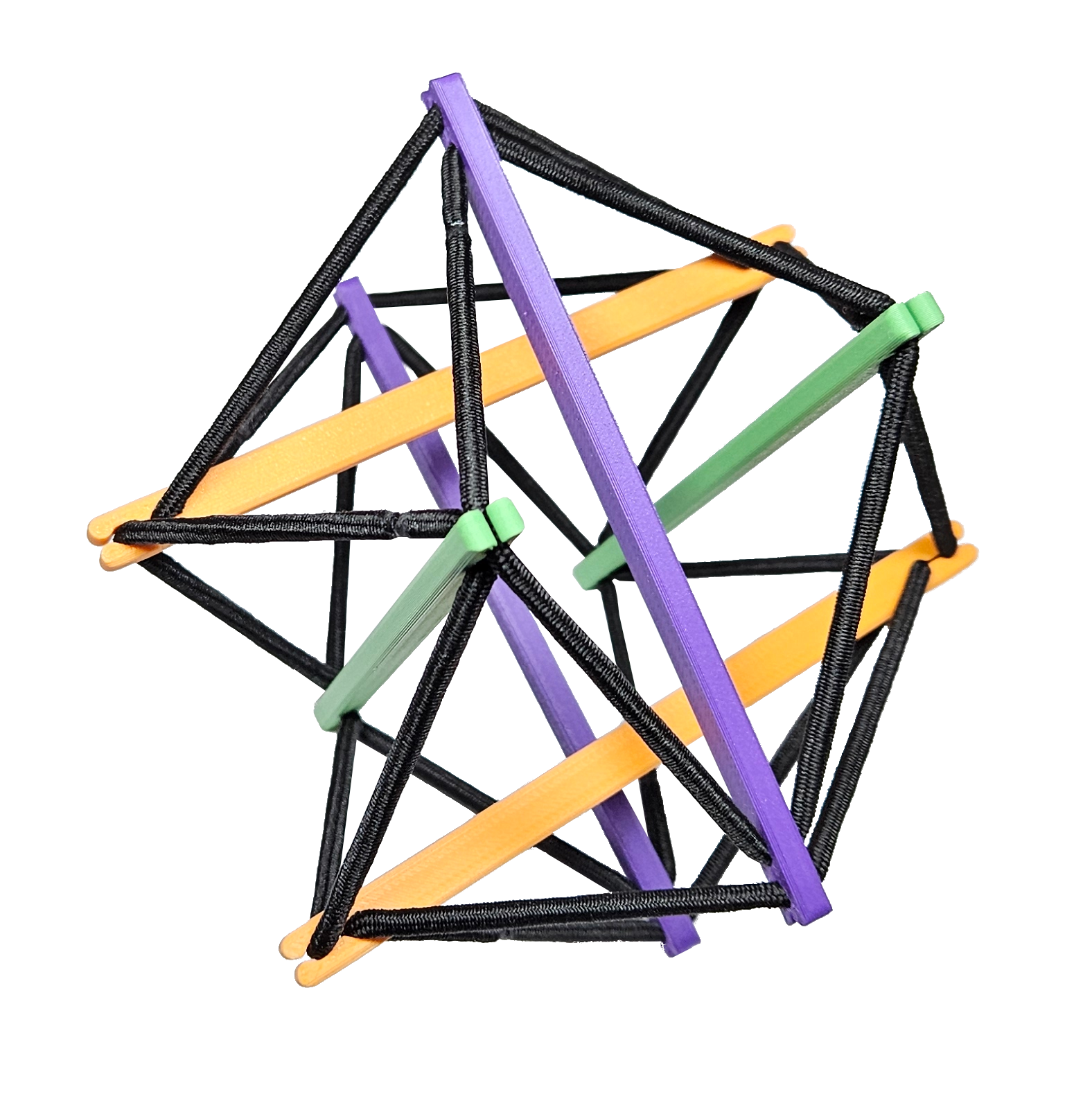 Colorful geometric structure made of popsicle sticks, rubber bands, and toothpicks.