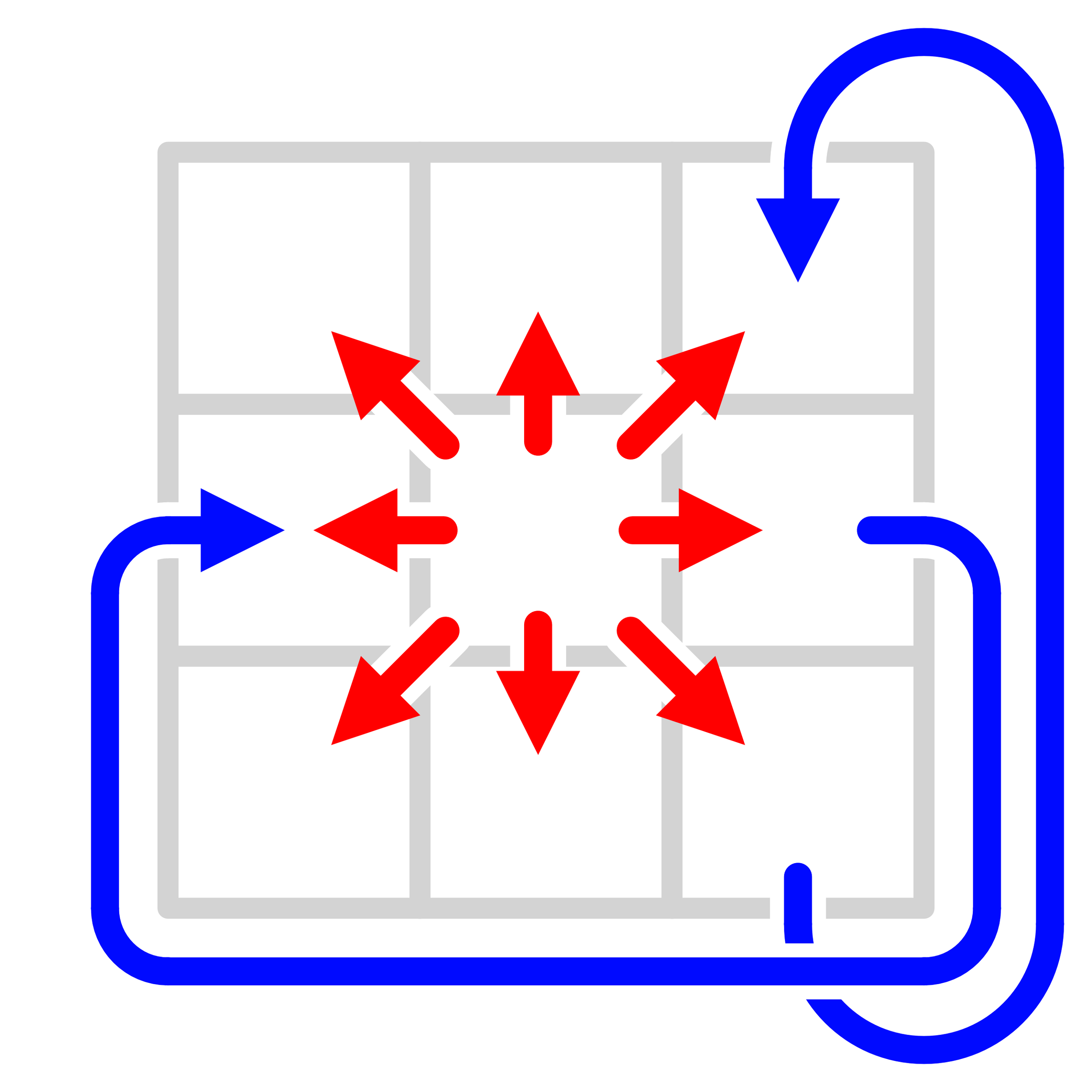 Diagram showing a pattern with gray grid and arrows indicating red flow outward from the center and blue flow inward from the sides.