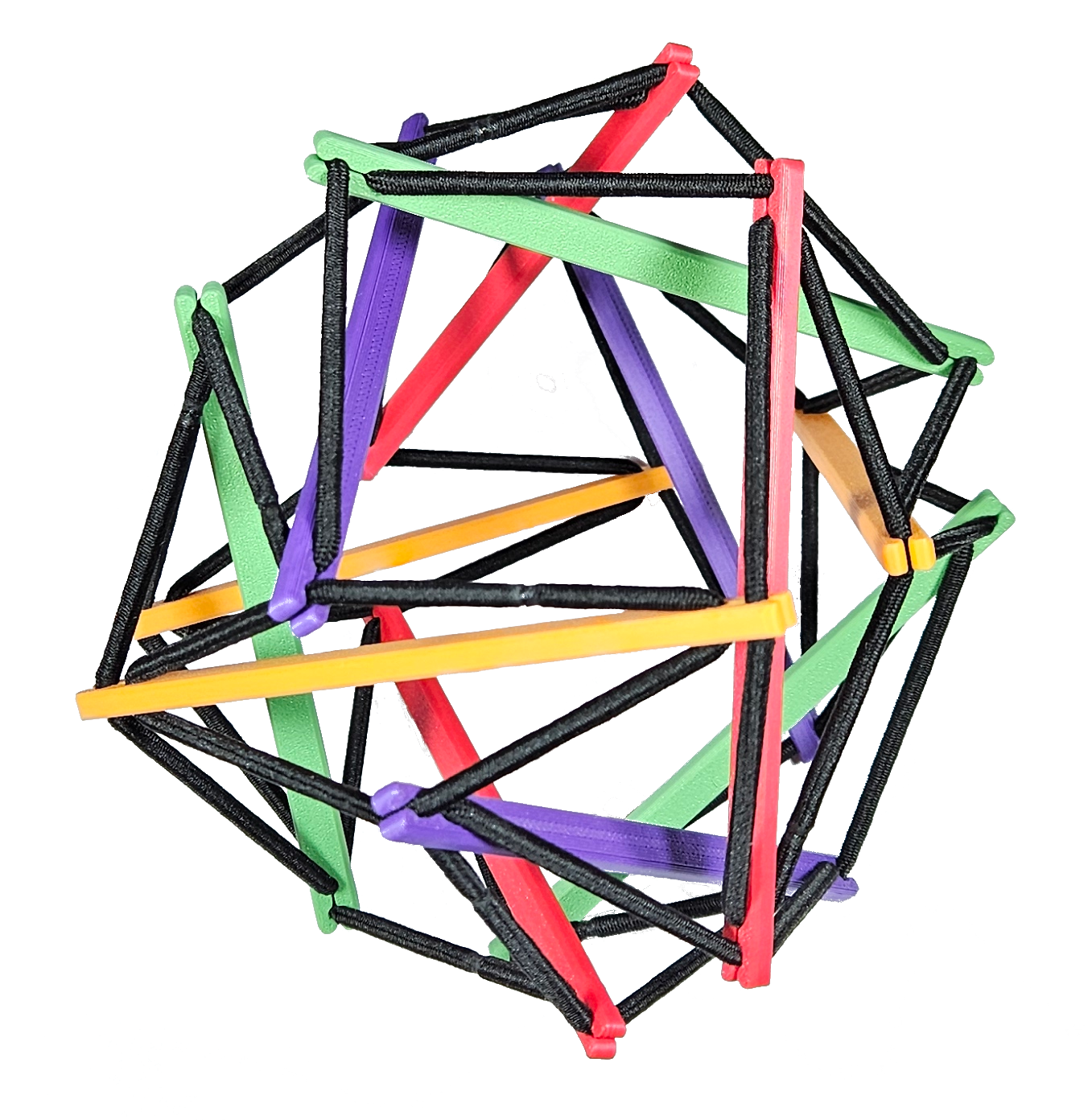 Colorful geometric structure made of elastic sticks in red, green, purple, yellow, and black.