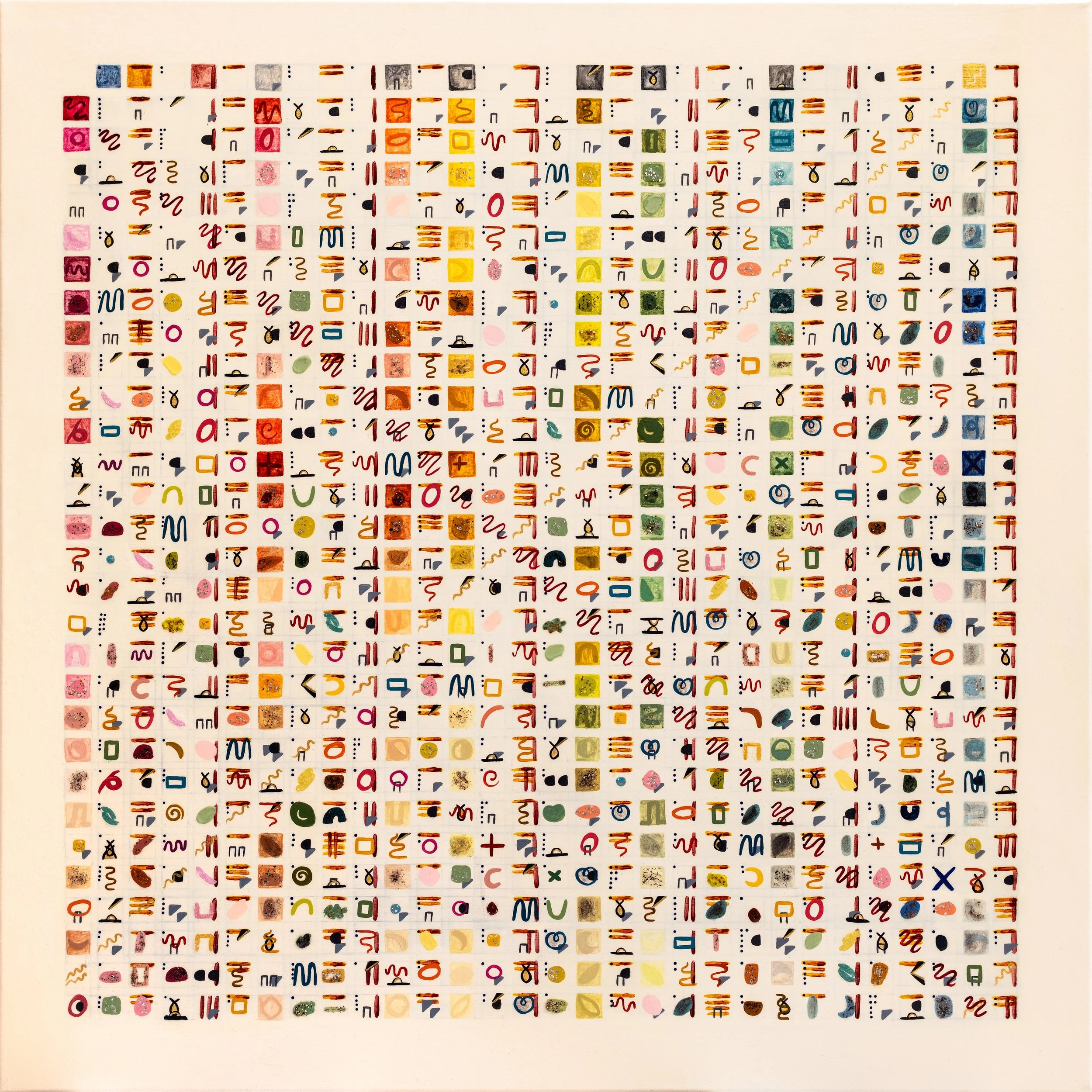 A colorful abstract artwork with various small shapes, symbols, and patterns arranged in a grid pattern on a white background.