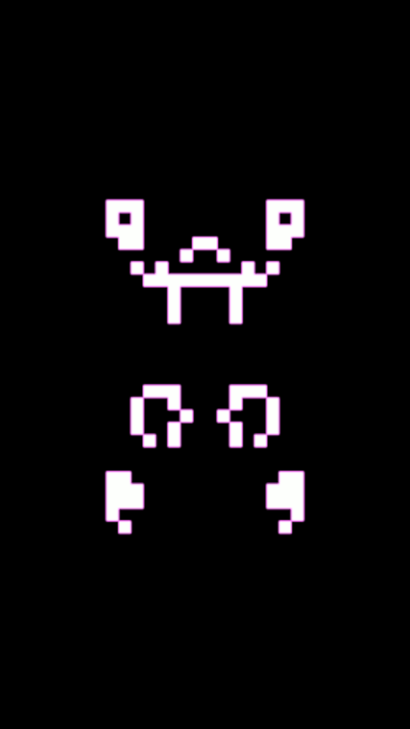 Pixel art sprite of a character with a wide open mouth, two eyes, and a small body, in a simple black, pink, and white color scheme.