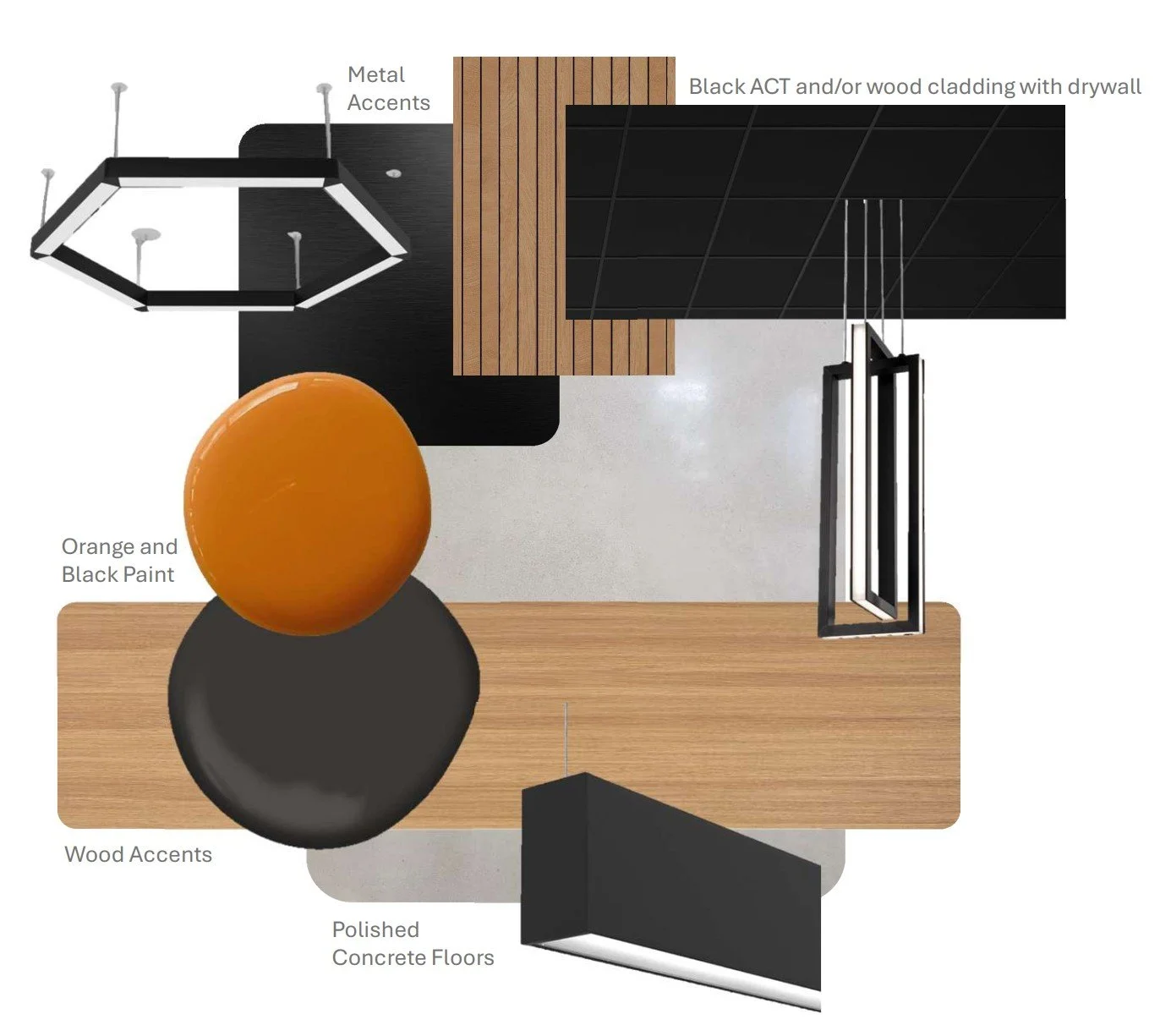 Top-down view of a room design highlighting materials and accents: black ACT or wood cladding with drywall, wood accents, orange and black paint, phenolic concrete floors, metal accents, and a black and white geometric light fixture.
