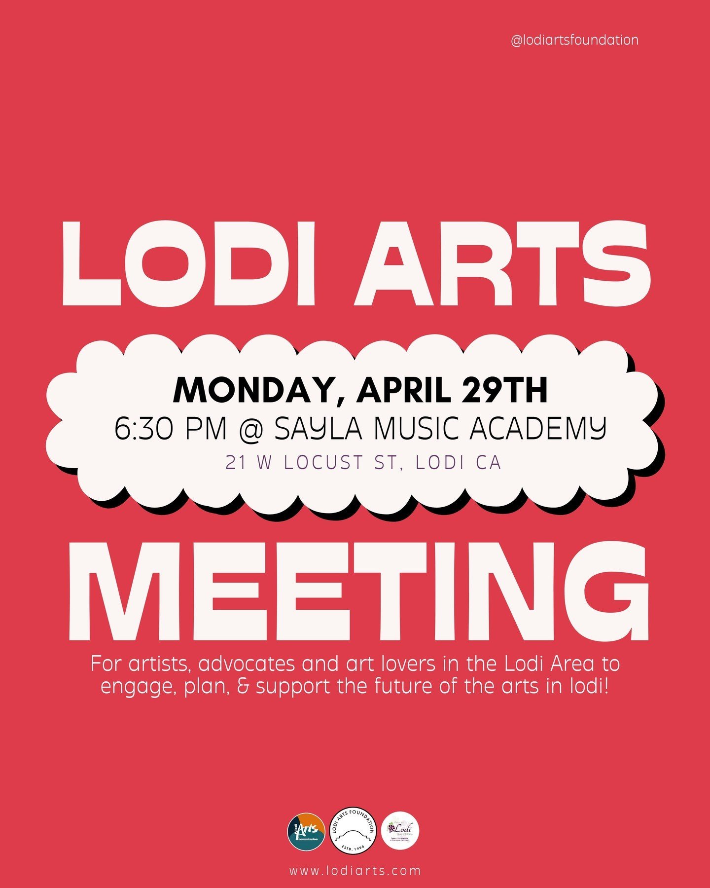 Join us TONIGHT April 29th at 6:30p at @saylamusicacademy for a community-wide Lodi Arts Meeting hosted by the Lodi Arts Foundation. Click the link in our bio to RSVP and let us know you're coming! 👋⁠
⁠
These meetings are an opportunity for the comm