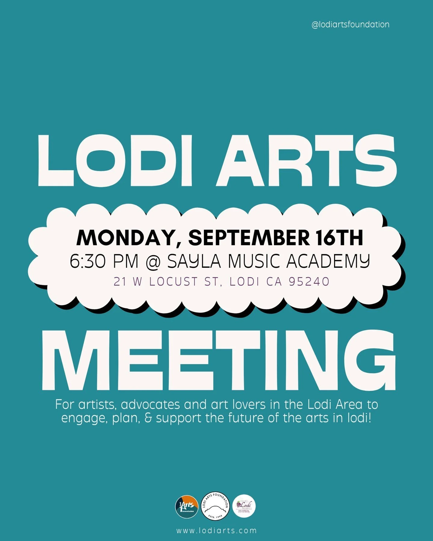 Join us on Monday, September 16th at 6:30p in the @saylamusicacademy courtyard for another great Lodi Arts community meeting, hosted by the Lodi Arts Foundation (that's us!)⁠
⁠
Click the link in our bio to RSVP and let us know you're coming! 👋⁠
⁠
Th