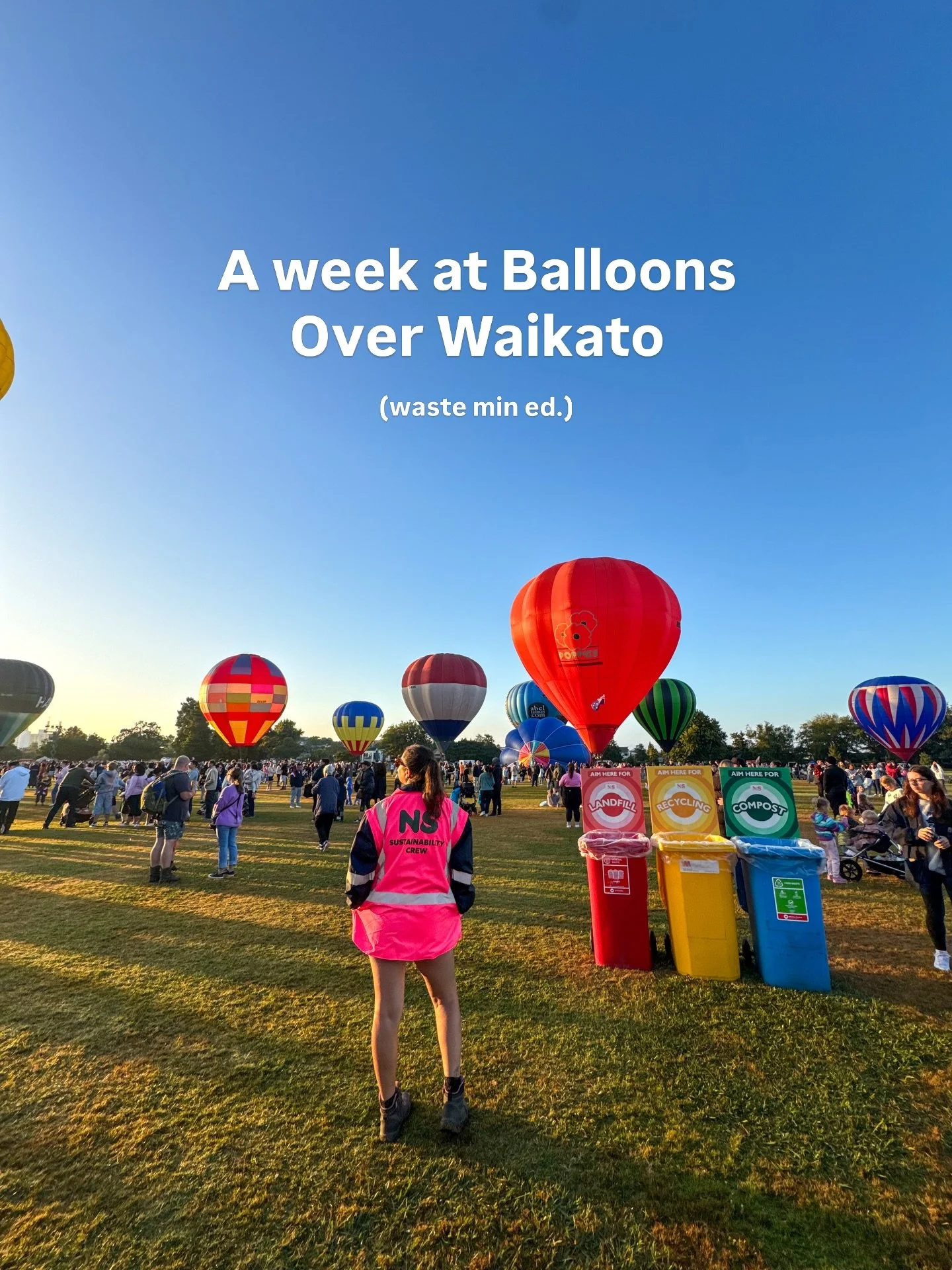 A week at @balloonsoverwaikato : Nonstop POV. 

1. early mornings at innes common for morning flights! 🎈
2. landfill, compost and recycling bins at the lake 
3. some of our awesome event sustainability managers who lead our team to divert over 1.6 t
