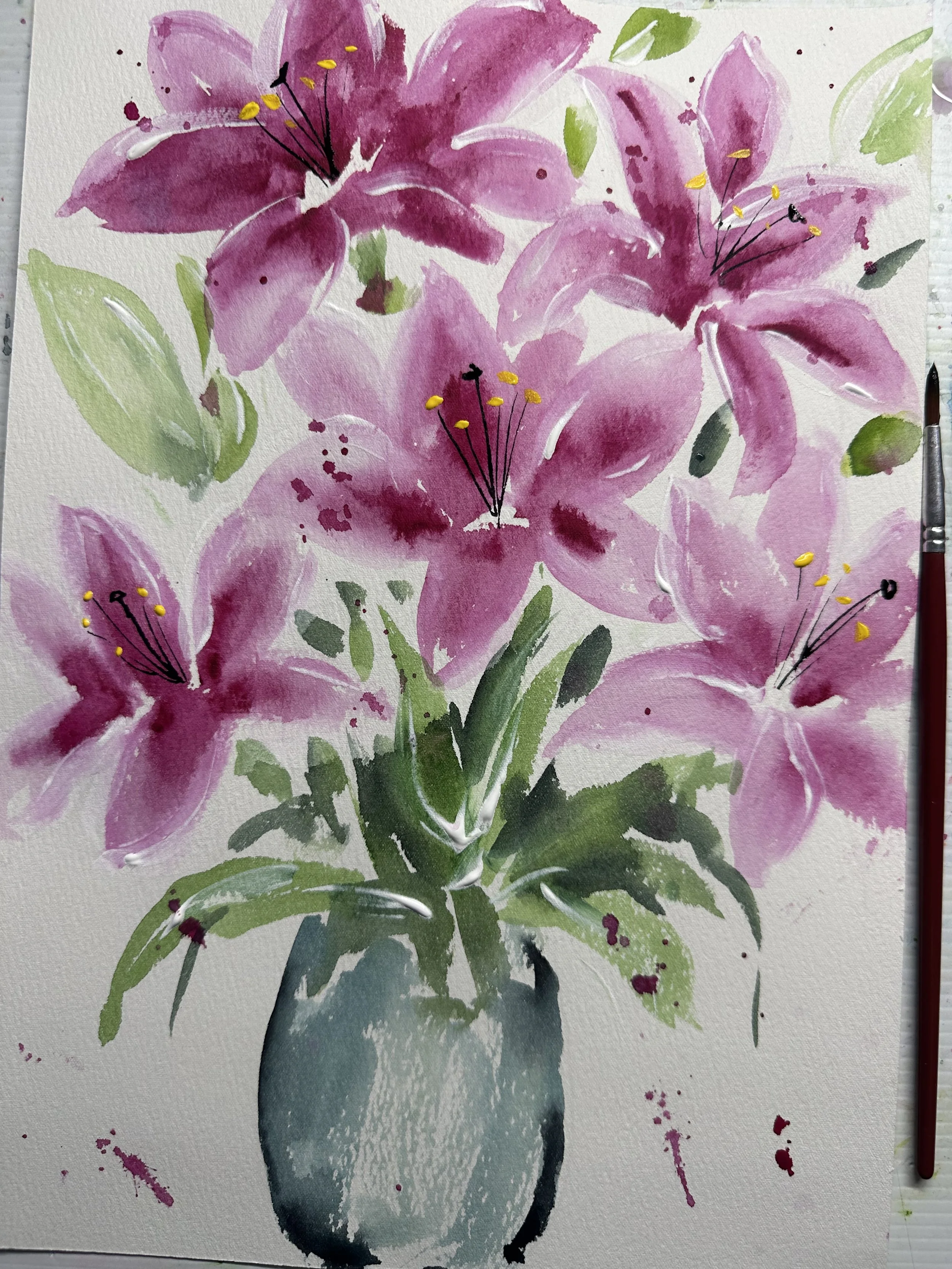 Vibrant Lilies in a Vase Mixed Media Artwork