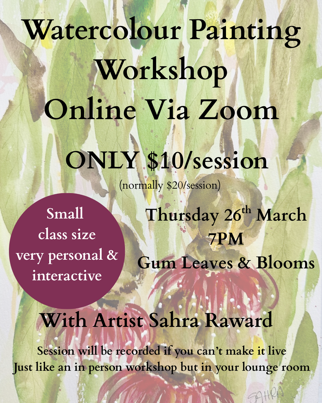 Online Watercolour Workshop 26th March 7pm