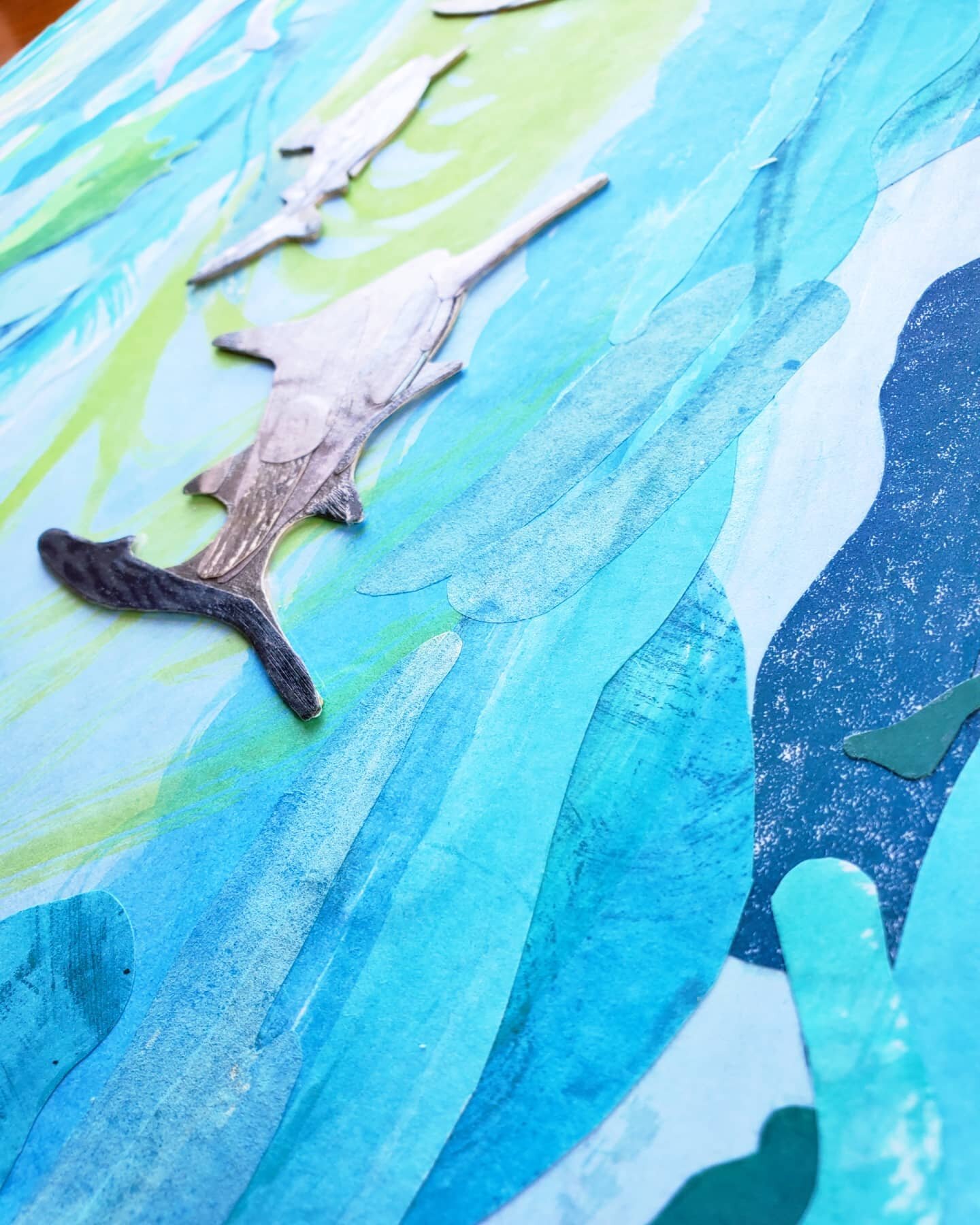Sharkey's day! Lockdown = chance to assemble a massive glueing project that's been in parts in the drawer for months. A memory of snorkeling on yap with a flock of sharks (still cant believe I did it).

#oceanart #sharks #collage #watercolour #nzarti