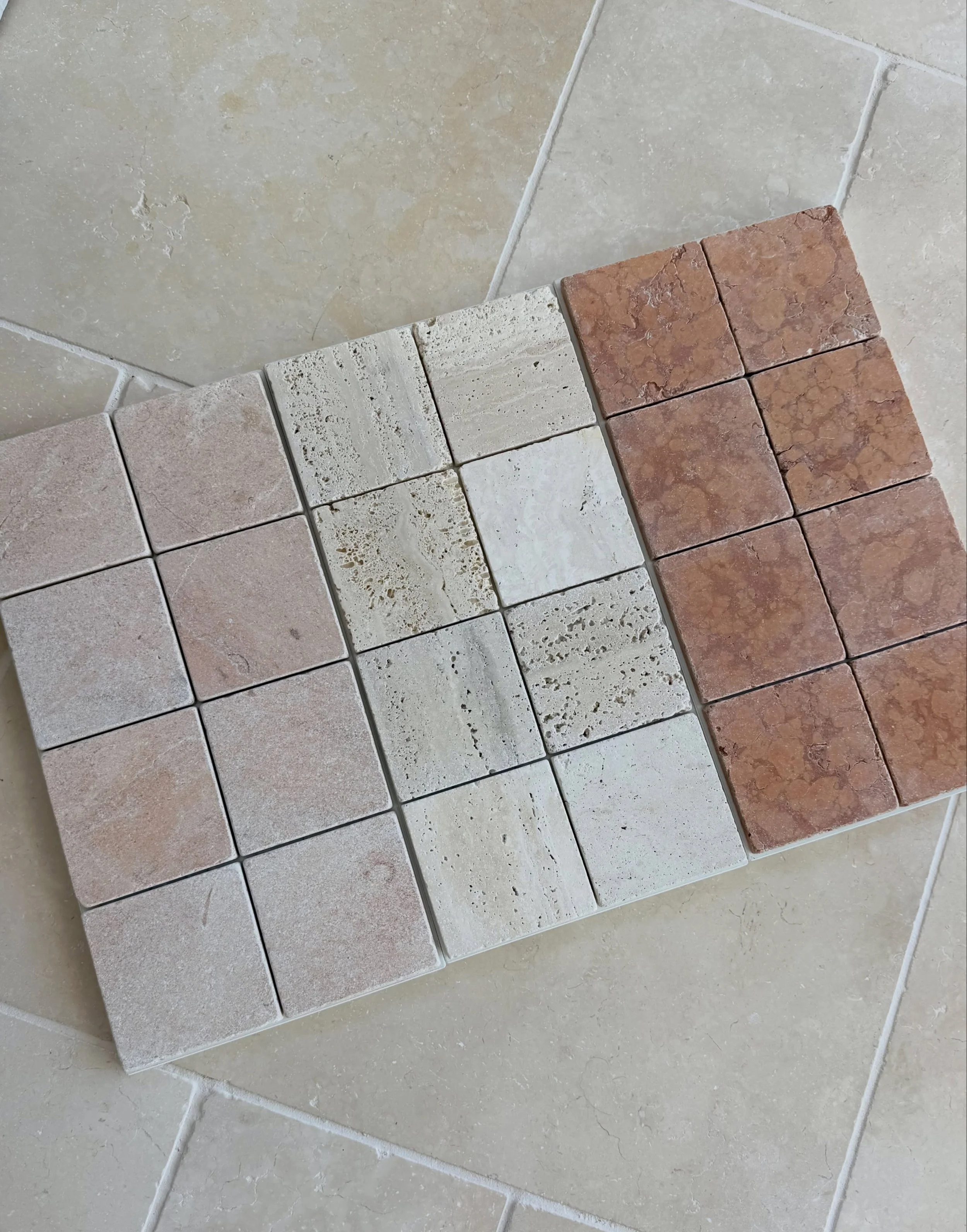 Tumbled Stone 🤎

ST2V1231/TM - Rosa 
ST2V1060/TM - Travertine 
ST2V16016/TM - Roso Antique