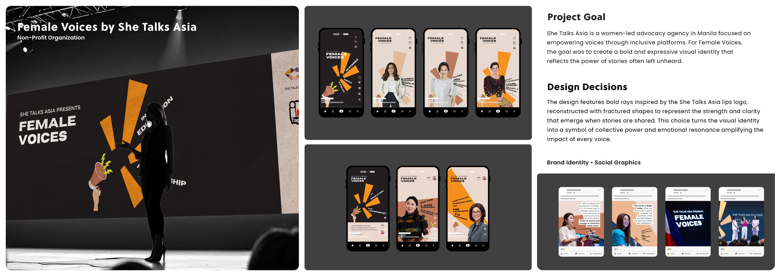 Presentation board displaying branding and graphics for Female Voices by She Talks Asia, showing a woman presenting on stage in front of a large screen with the same branding, alongside mockups of social media graphics and design elements featuring bold orange and brown geometric shapes and photos of women.