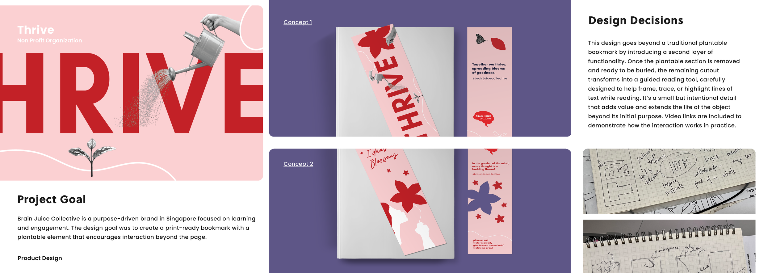 A presentation slide about Brain Juice Collective, a non-profit organization focused on learning and engagement. The slide features large red text, a watering can pouring water over a small plant, and includes a project goal to create a print-ready bookmark with a plantable element. The slide contains two design concepts with images of bookmarks, a section titled 'Design Decisions' with text explaining the design approach, and a section with photos of handwritten notes and sketchbooks.