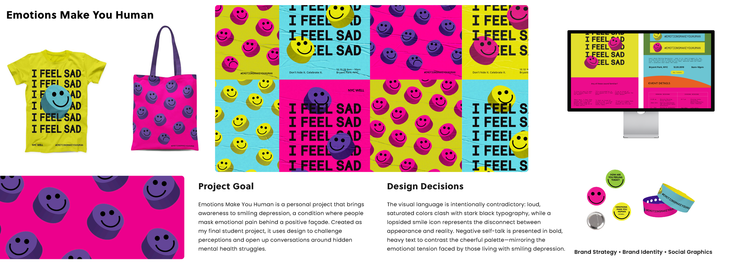 Collage of promotional materials for a project titled "Emotions Make You Human." Features bright yellow, pink, and blue backgrounds with smiley face icons and text saying "I FEEL SAD" and "Don't hide it. Celebrate it." Includes t-shirts, tote bags, bug, stickers, a poster, and a digital display of event details.