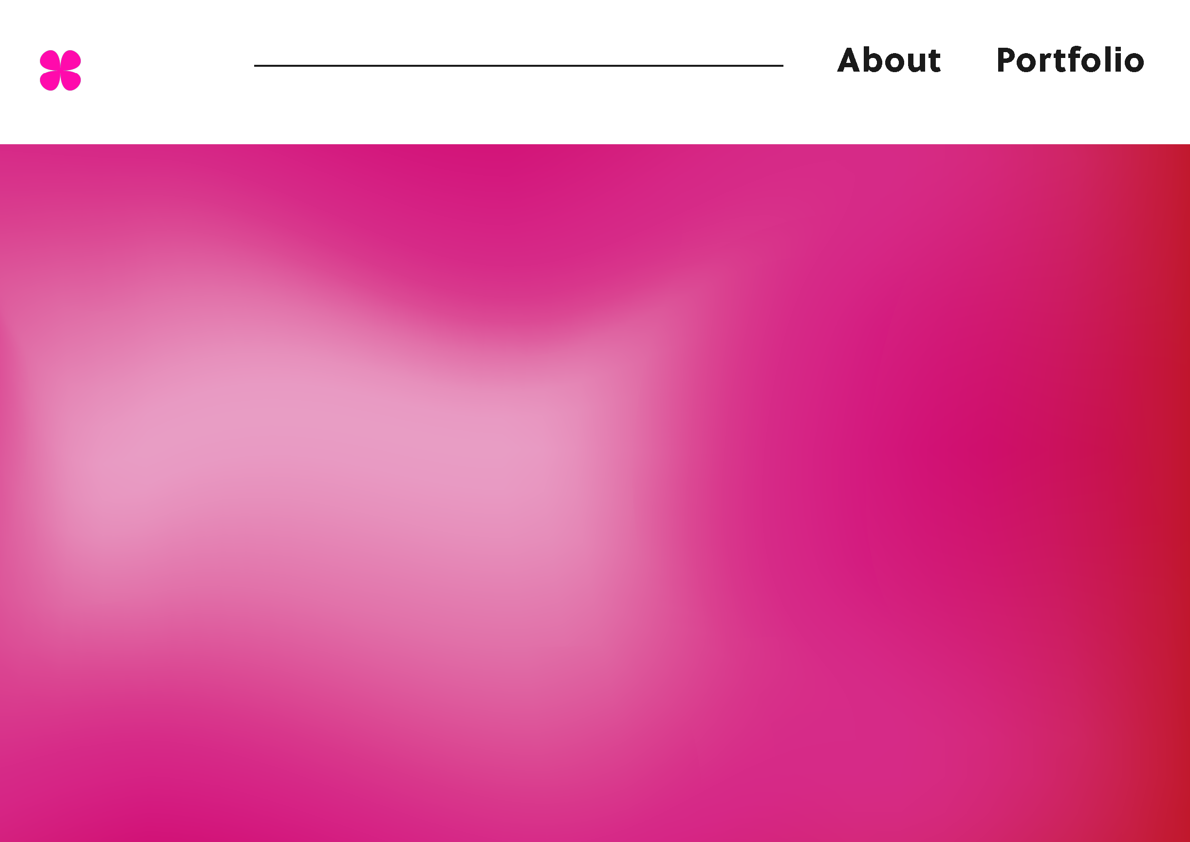 Website mock-up with a pink gradient background, featuring a pink flower icon on the top left and navigation links for About and Portfolio on the top right.