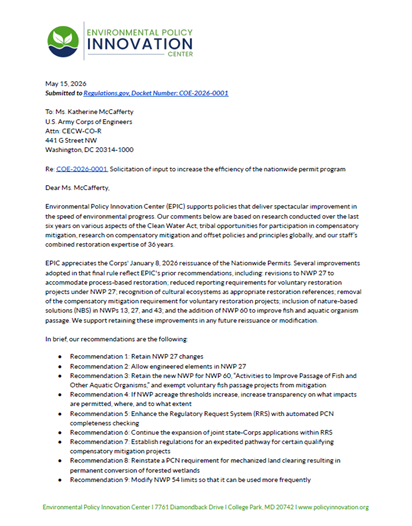 Comment Letter: Input on Improving Efficiency of the Nationwide Permit Program under Clean Water Act Section 404