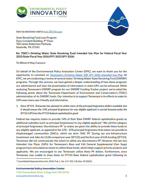 Tennessee SFY26 Public Comments: Drinking Water State Revolving Fund General Activities Intended Use Plan