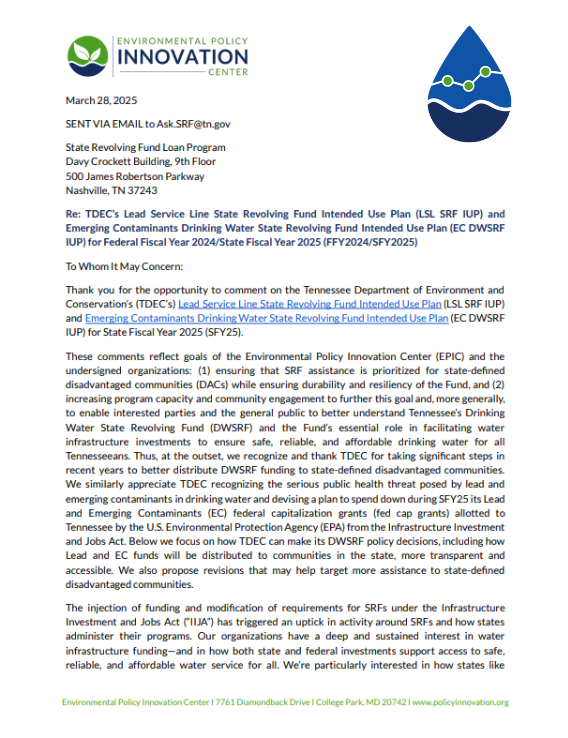 Tennessee SFY25 Public Comments: Drinking Water State Revolving Fund Intended Use Plans Covering Emerging Contaminants and Lead Service Line Replacement