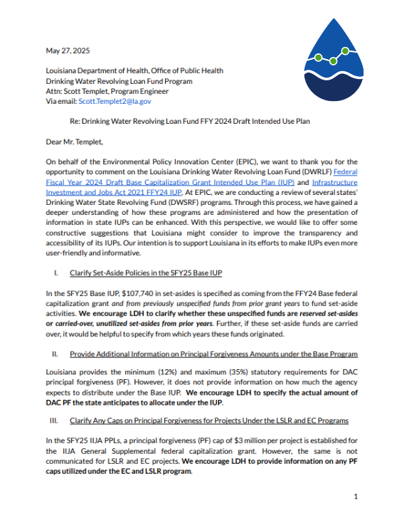Louisiana SFY25 Public Comments: Drinking Water Revolving Loan Fund Program