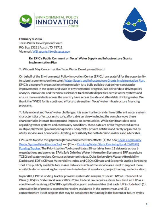EPIC Comments on Texas' $1B Water Supply and Infrastructure Grant Implementation Plan