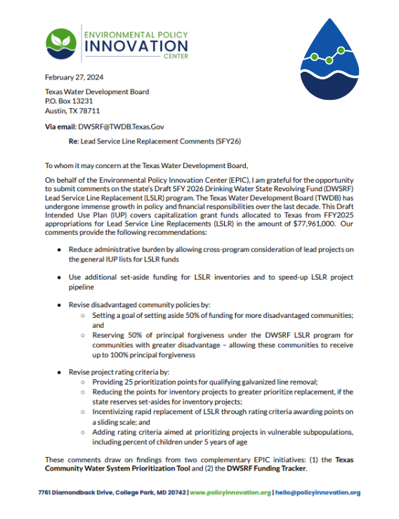 EPIC Comments on Texas Draft SFY 2026 Drinking Water State Revolving Fund (DWSRF) Lead Service Line Replacement (LSLR) Program