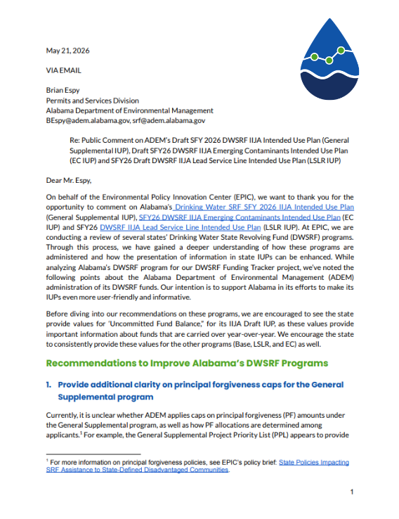 EPIC Comments on Alabama’s SFY26 General Supplemental, Lead Service Line Replacement, and Emerging Contaminants Draft Intended Use Plans