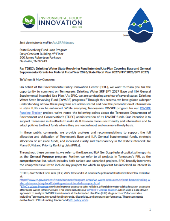 Tennessee SFY27 Public Comments: Drinking Water State Revolving Fund General Activities Intended Use Plan