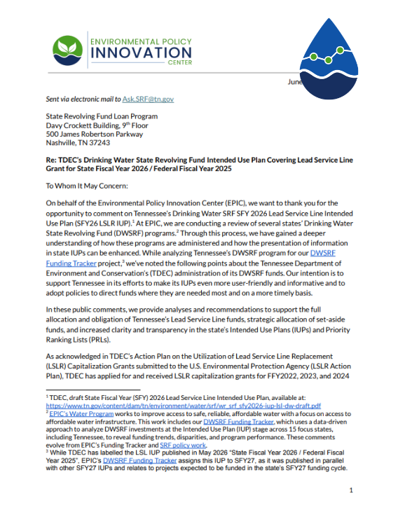 Tennessee SFY27 Public Comments: Drinking Water Revolving Fund Lead Service Line Replacement Intended Use Plan