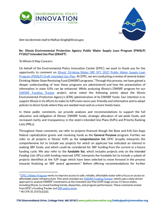 EPIC Comments on Illinois’ Drinking Water SRF SFY 2027 Public Water Supply Loan Program Draft Intended Use Plan