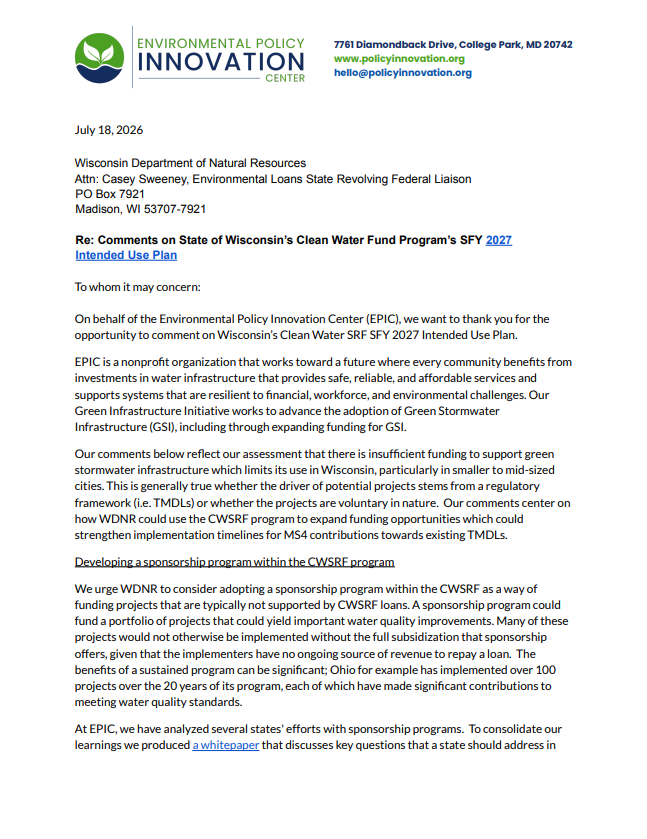 EPIC Comments on State of Wisconsin’s Clean Water Fund Program’s SFY 2027 Intended Use Plan