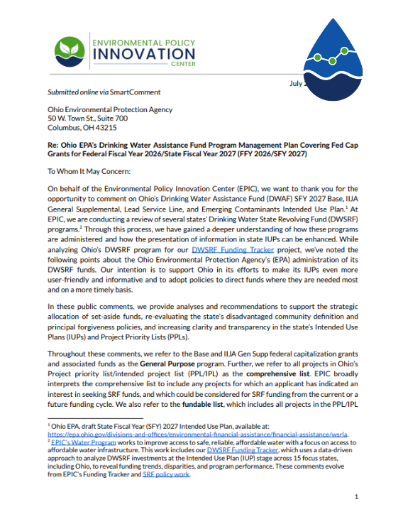 EPIC Comments on Ohio EPA's State Fiscal Year 2027 Drinking Water Intended Use Plan