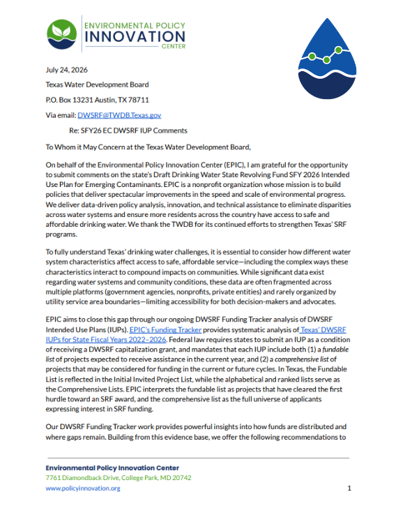 EPIC Comments on Texas’s Draft Drinking Water State Revolving Fund SFY 2026 Intended Use Plan for Emerging Contaminants