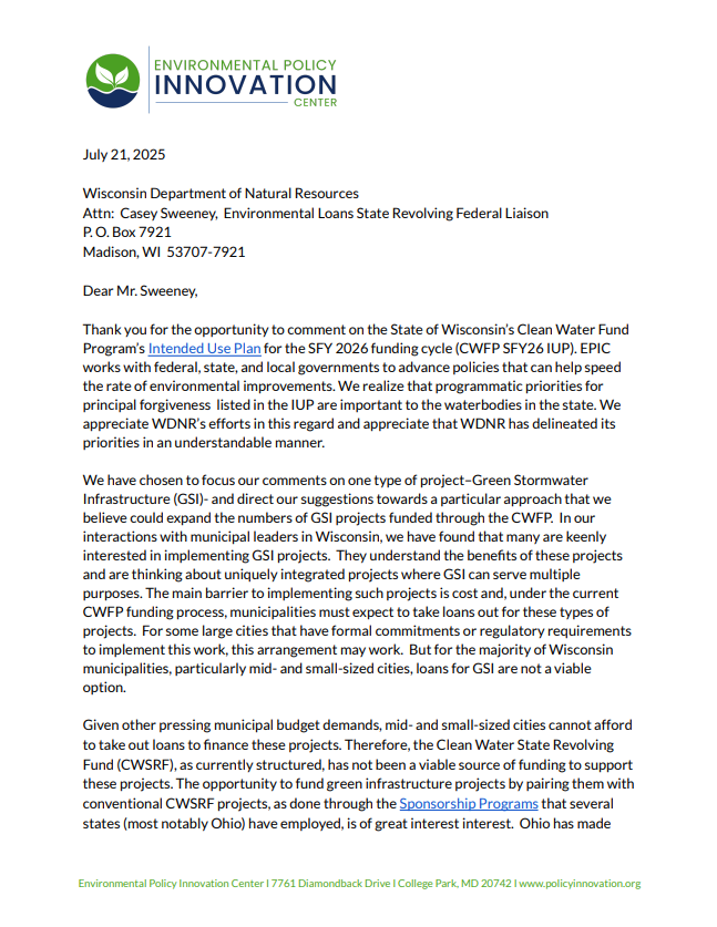 EPIC Comments on State of Wisconsin’s Clean Water Fund Program’s SFY 2026 Intended Use Plan