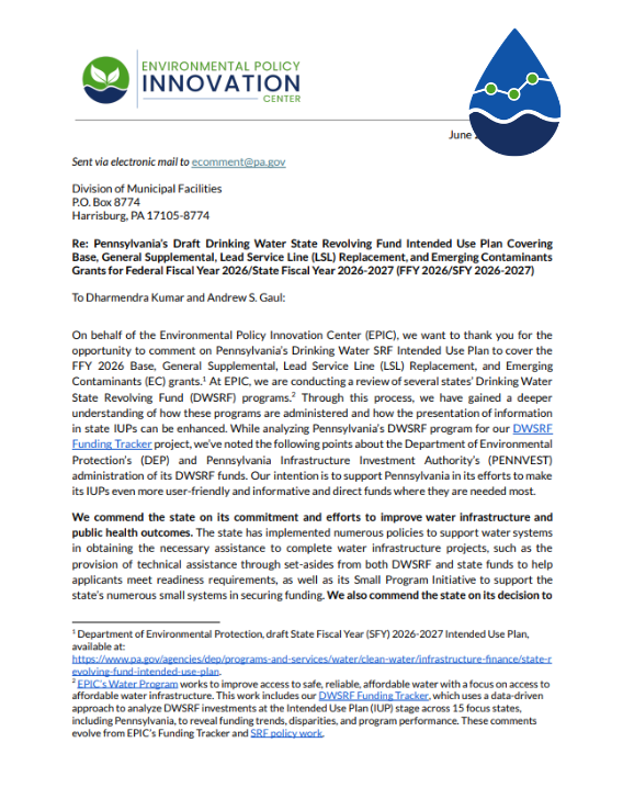 EPIC Comments on Pennsylvania's Federal Fiscal Year (FFY) 2026 Intended Use Plan