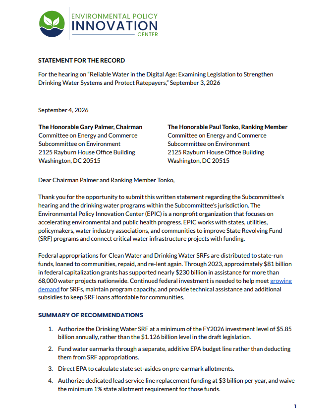 EPIC Comments on the Future of Federal Drinking Water Investment