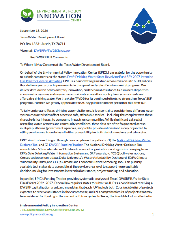 EPIC Comments on Texas’s Draft Drinking Water State Revolving Fund SFY 2027 Intended Use Plan for General Activities